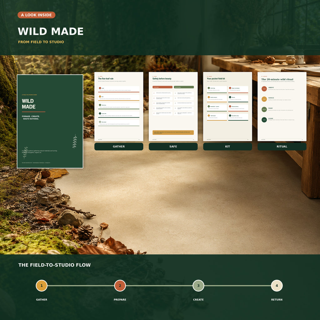 Wild Made nature art guide preview showing the real cover and interior pages for responsible gathering, material safety, a pocket field kit, and a 20-minute field-to-studio creative ritual.